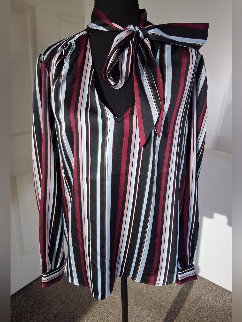 Vintage-Laundry By Shelli Segal Black,Striped Tie-Neck Blouse